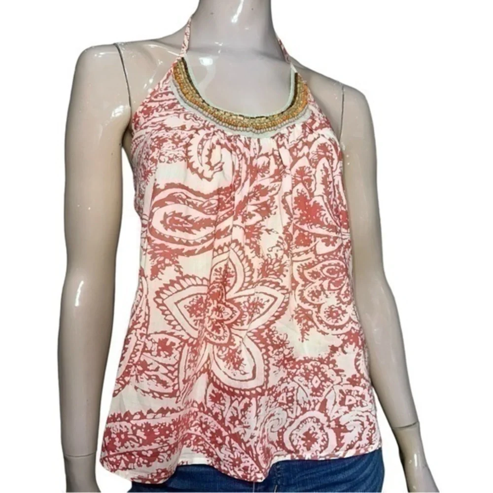 Fourtys Anthropologie S Red White Paisley Print Wooden Bead Neckline Halter Top